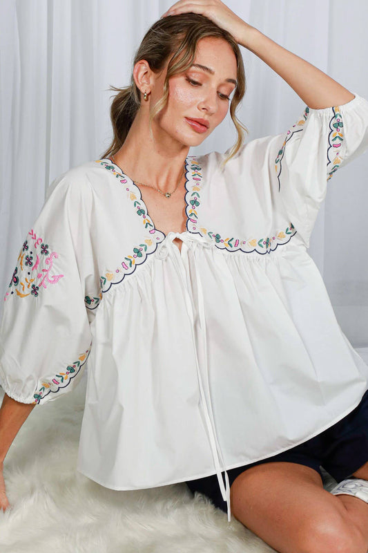 V-Neck Tie Front Floral Embroidered Boho Blouse