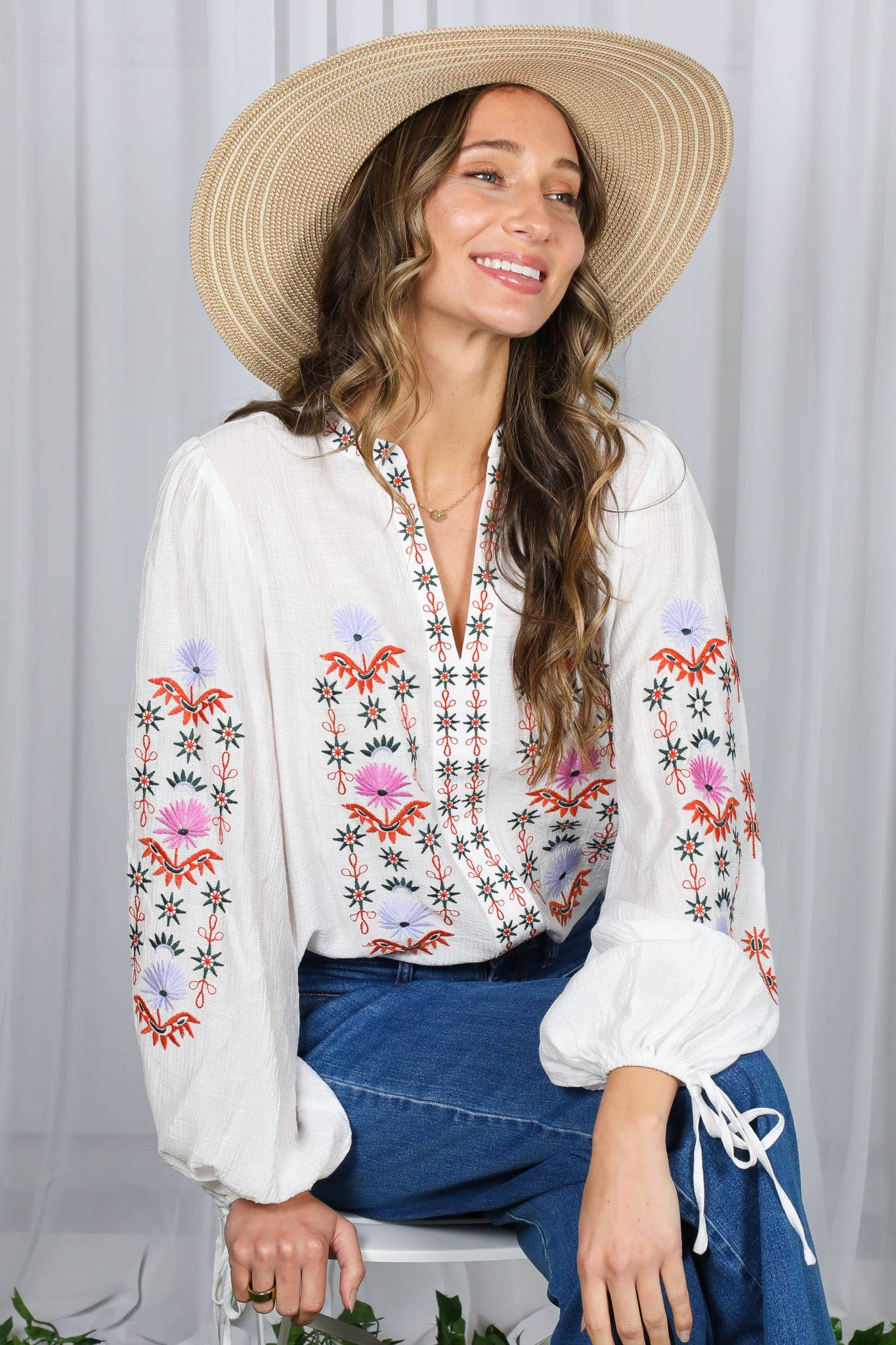 White Embroidered Long Puff Blouse
