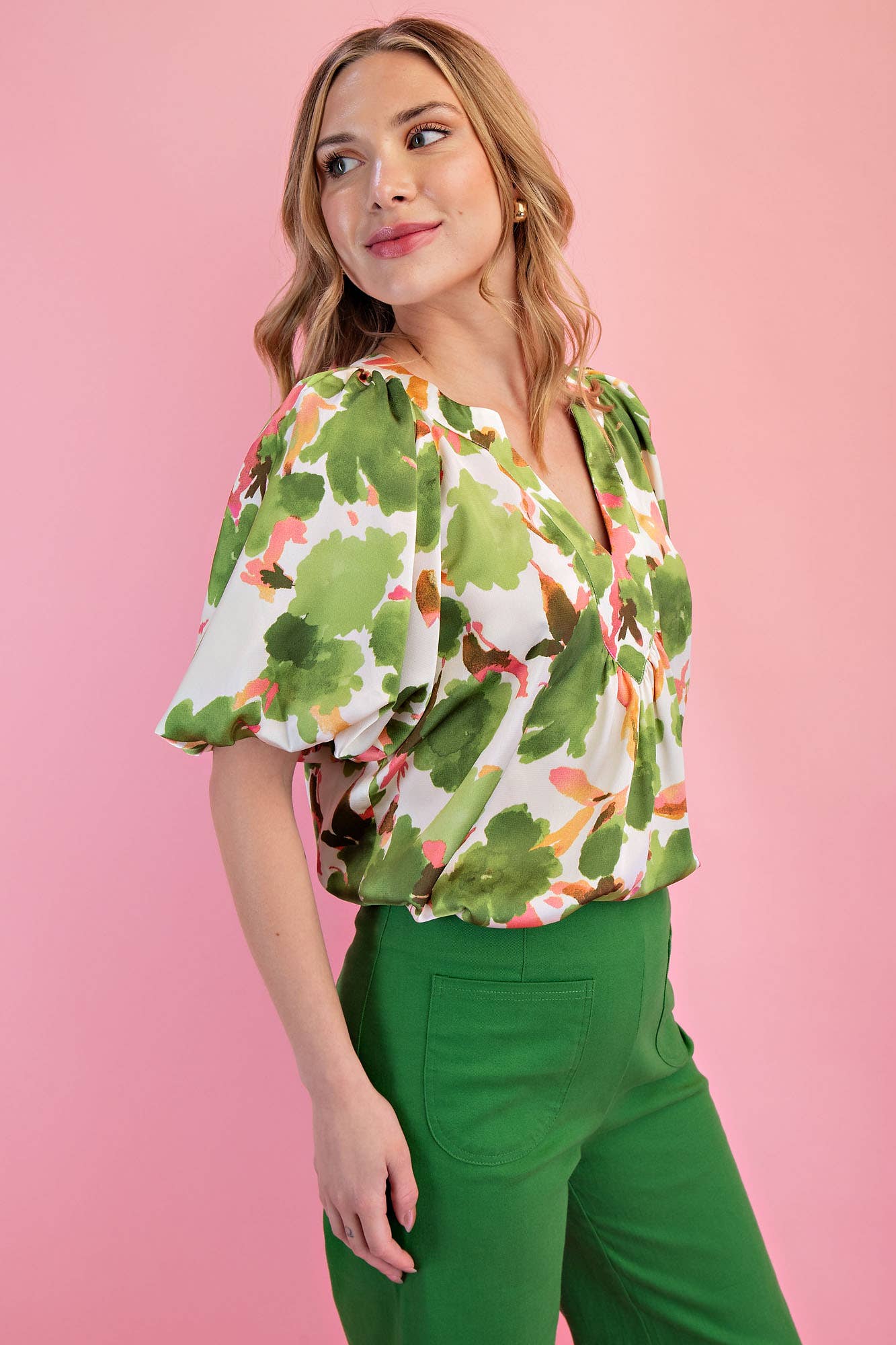 Green Floral Balloon Sleeve Top