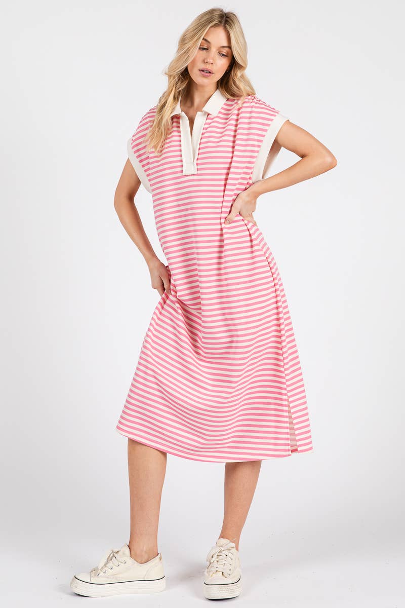 Pink Striped Relaxed Fit Midi Dress