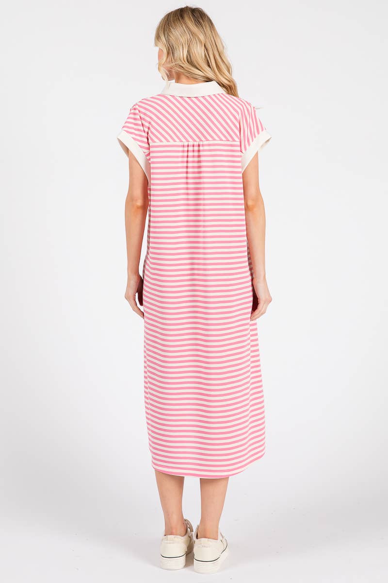 Pink Striped Relaxed Fit Midi Dress