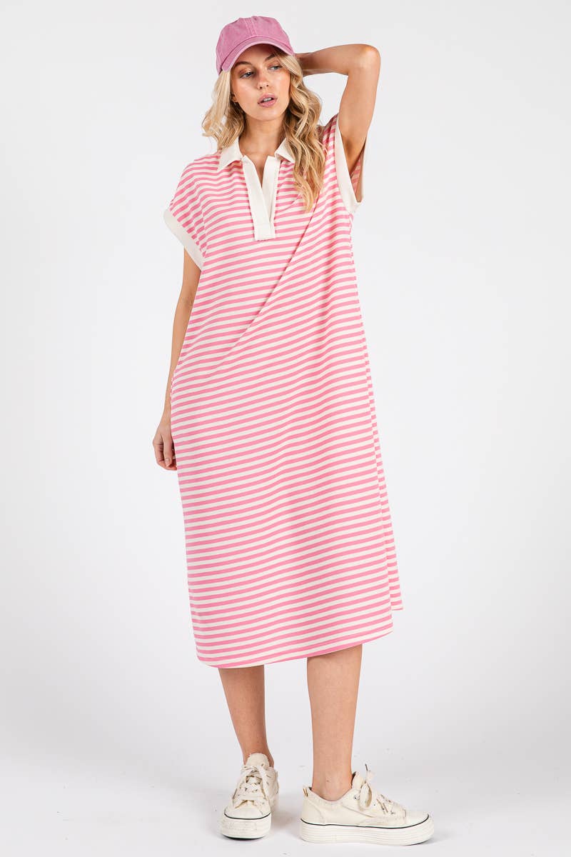 Pink Striped Relaxed Fit Midi Dress