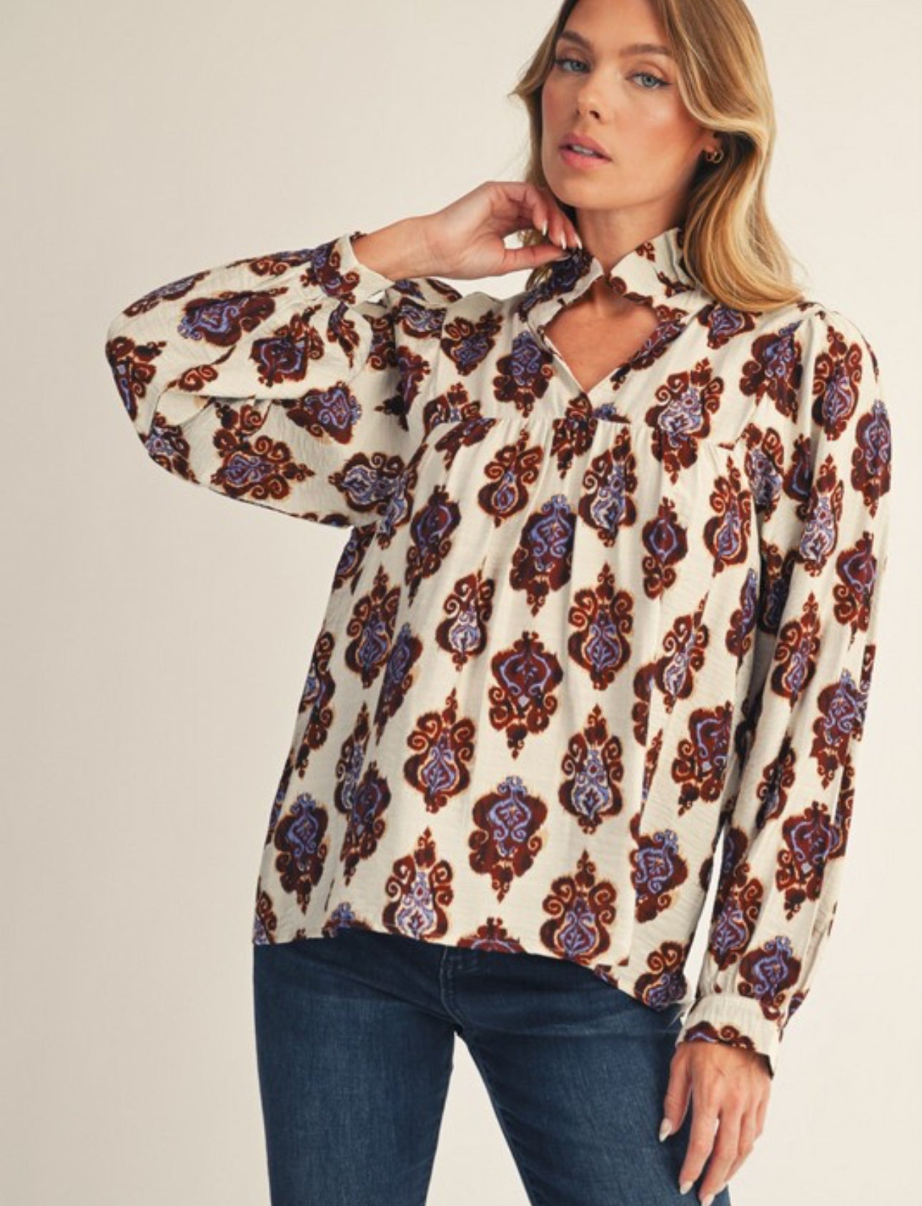 Ruffled High Neck Print Top
