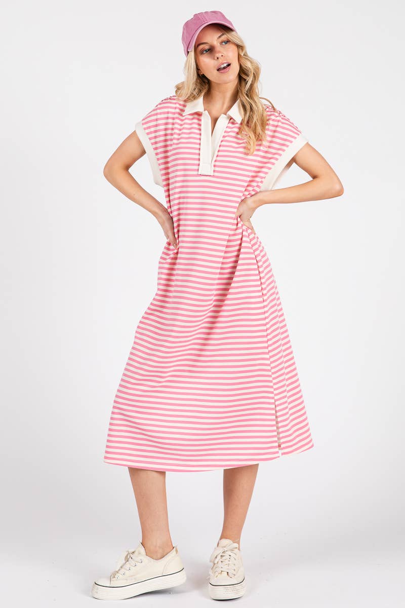 Pink Striped Relaxed Fit Midi Dress