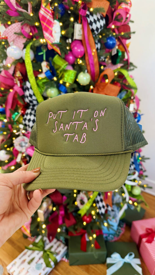 Put It On Santa's Tab Trucker Hat: Olive hat | pink thread