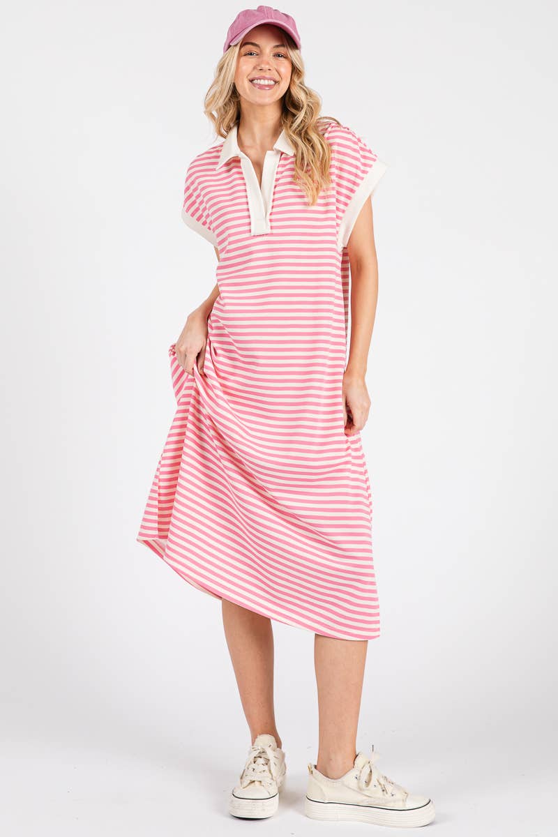 Pink Striped Relaxed Fit Midi Dress