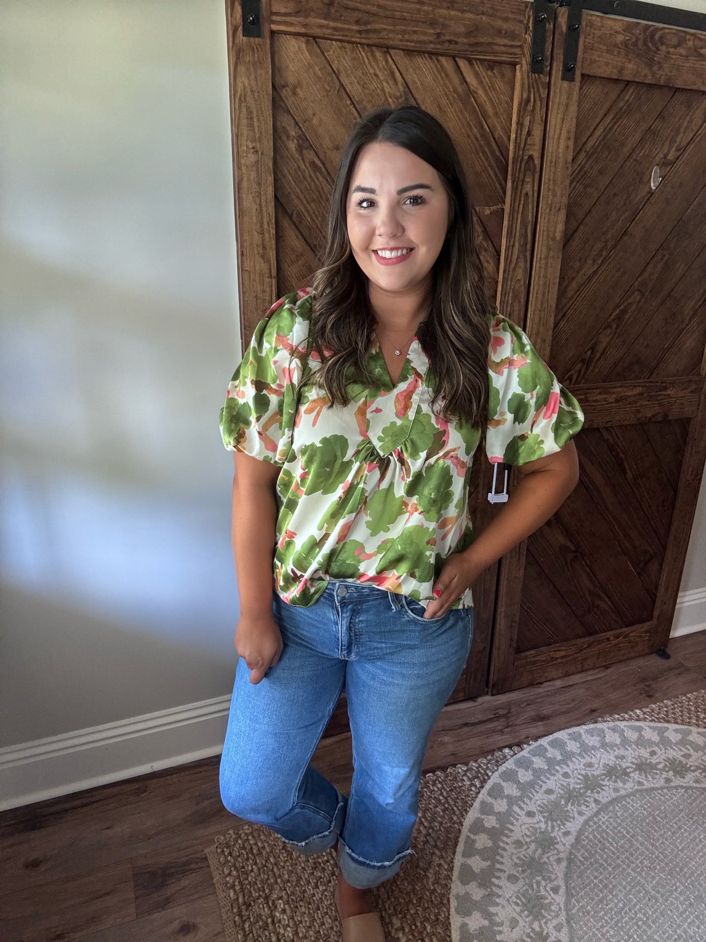 Green Floral Balloon Sleeve Top