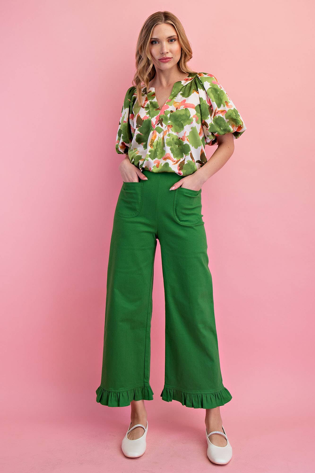 Green Floral Balloon Sleeve Top