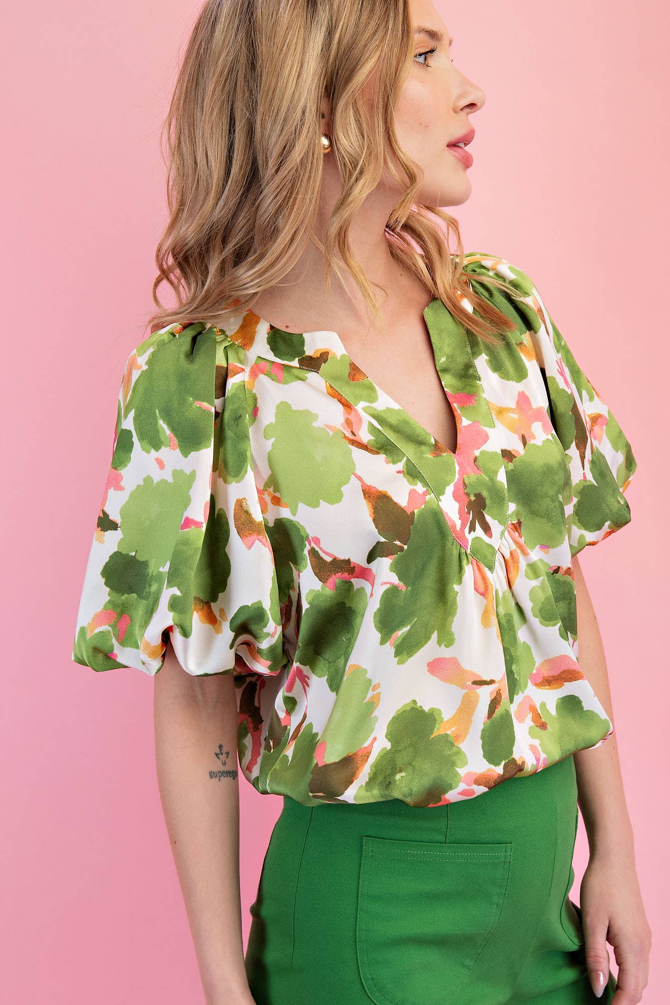 Green Floral Balloon Sleeve Top