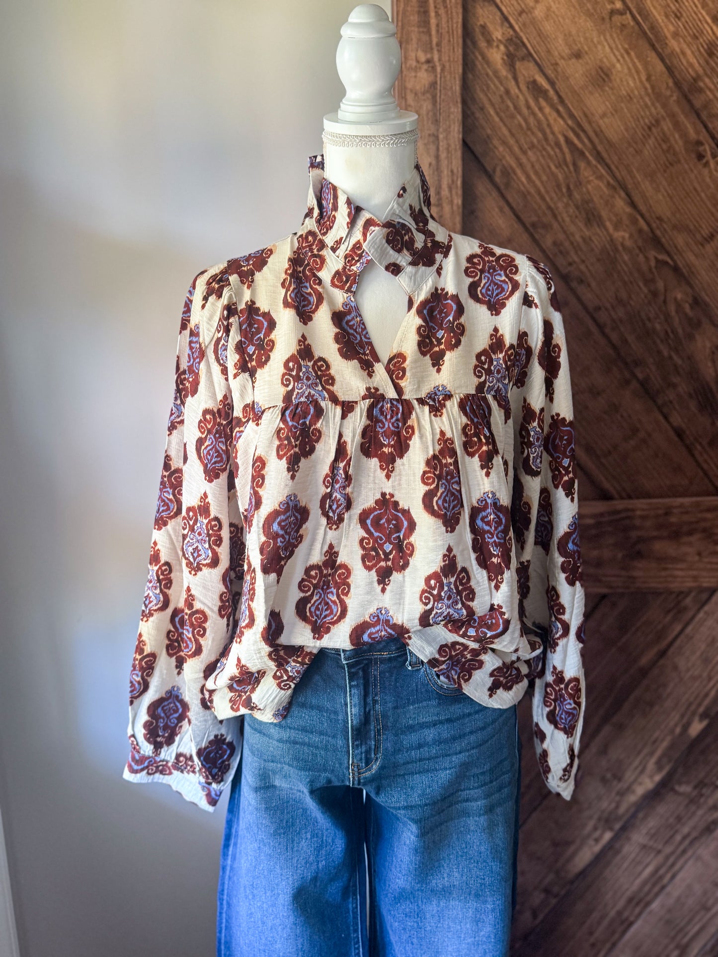 Ruffled High Neck Print Top