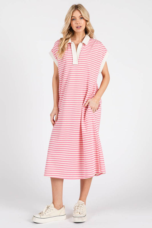 Pink Striped Relaxed Fit Midi Dress
