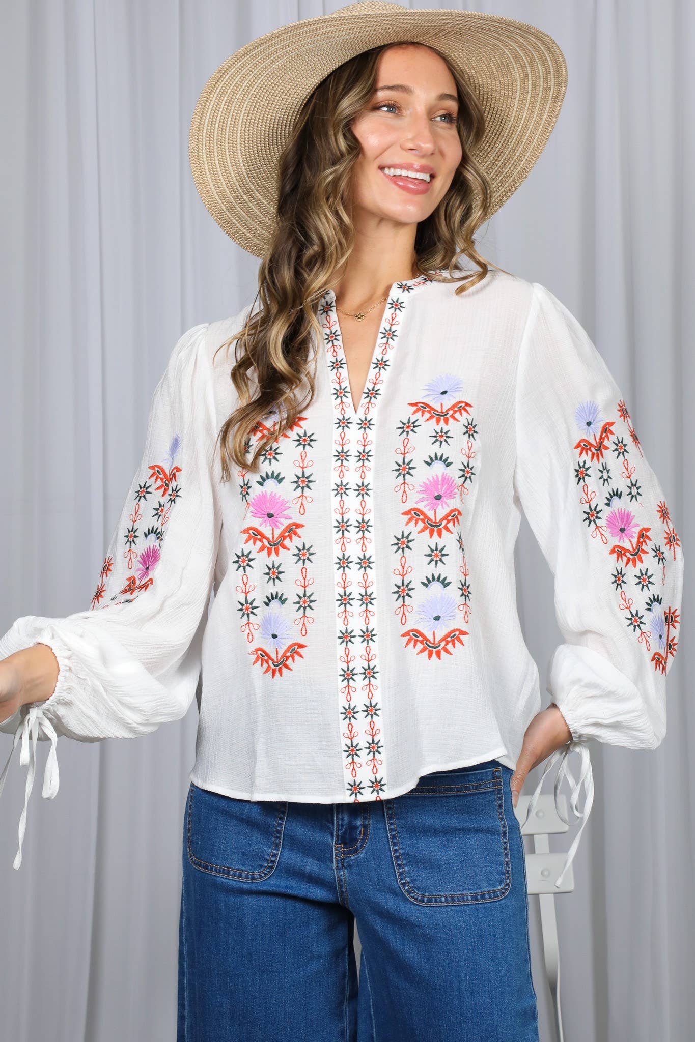 White Embroidered Long Puff Blouse