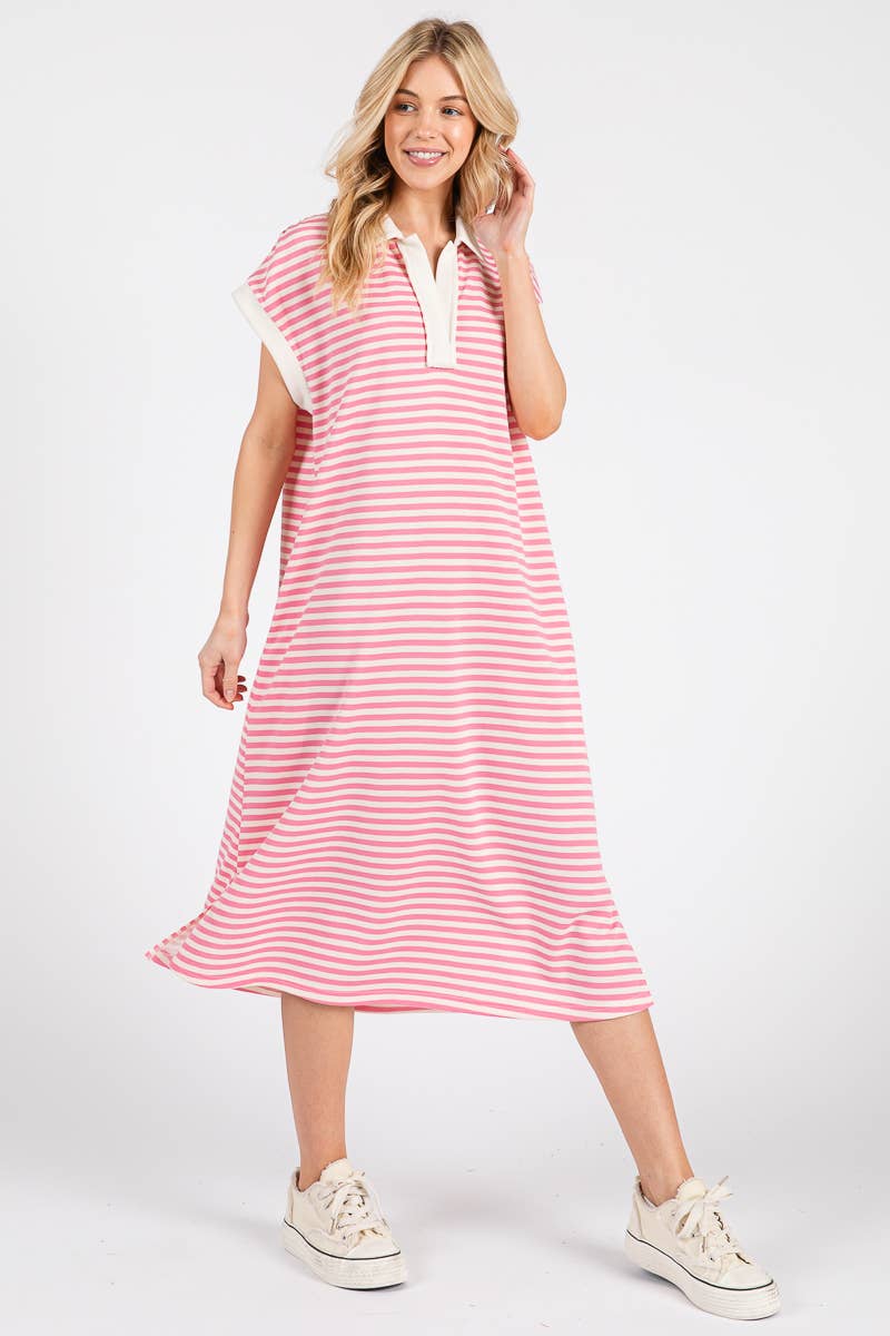 Pink Striped Relaxed Fit Midi Dress