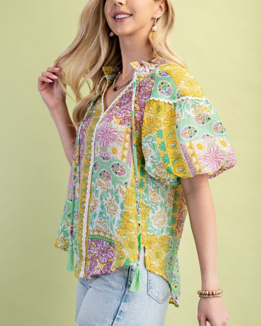 Mixed Print Puff Sleeve Top