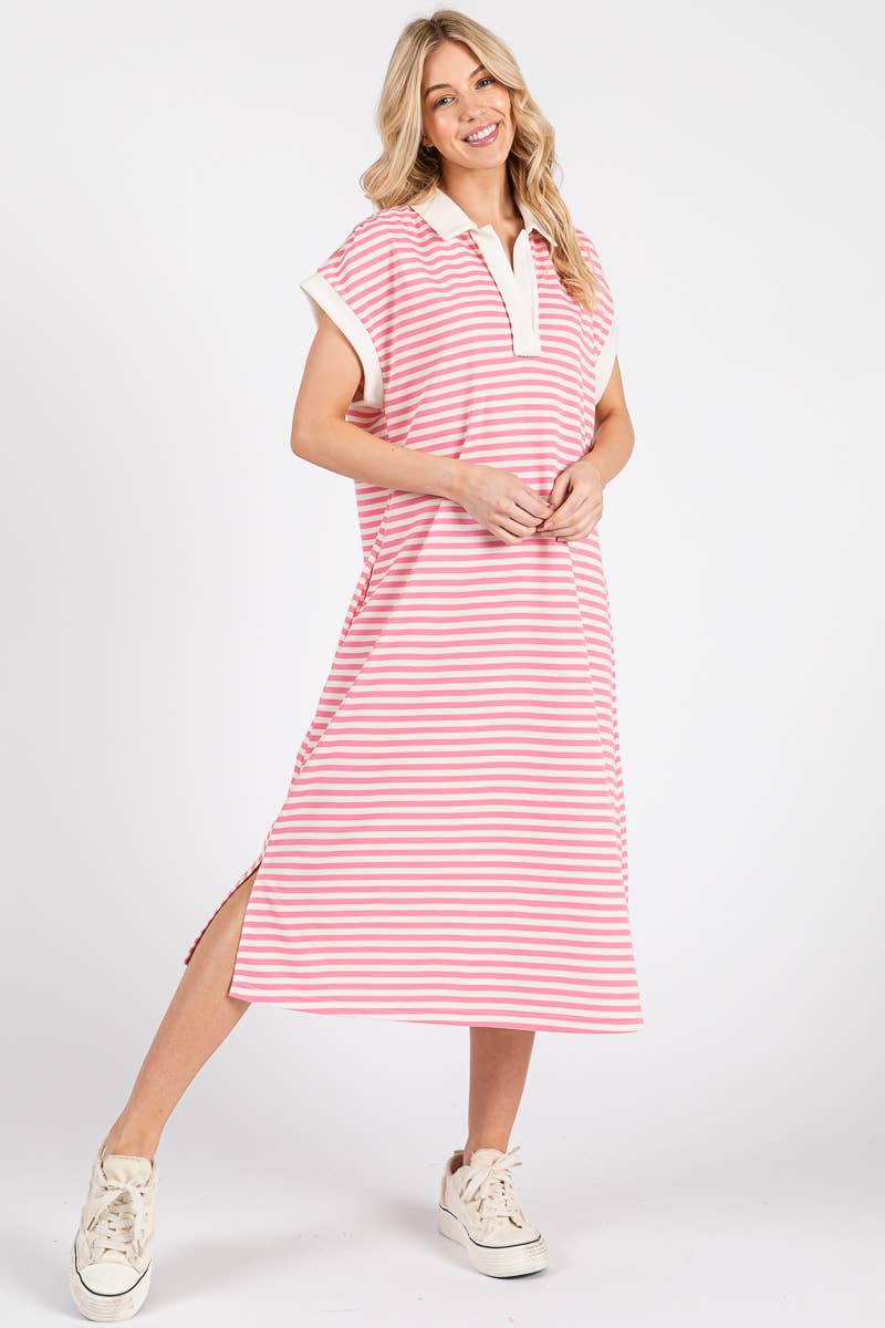 Pink Striped Relaxed Fit Midi Dress