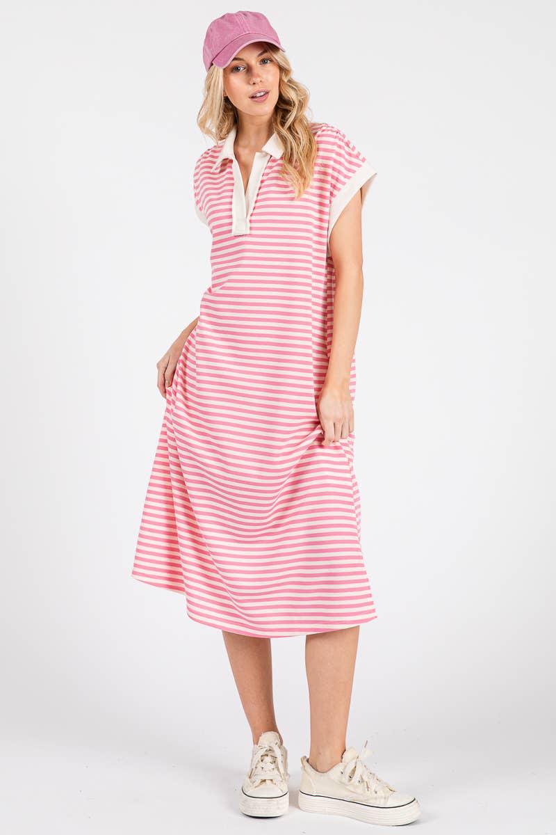 Pink Striped Relaxed Fit Midi Dress