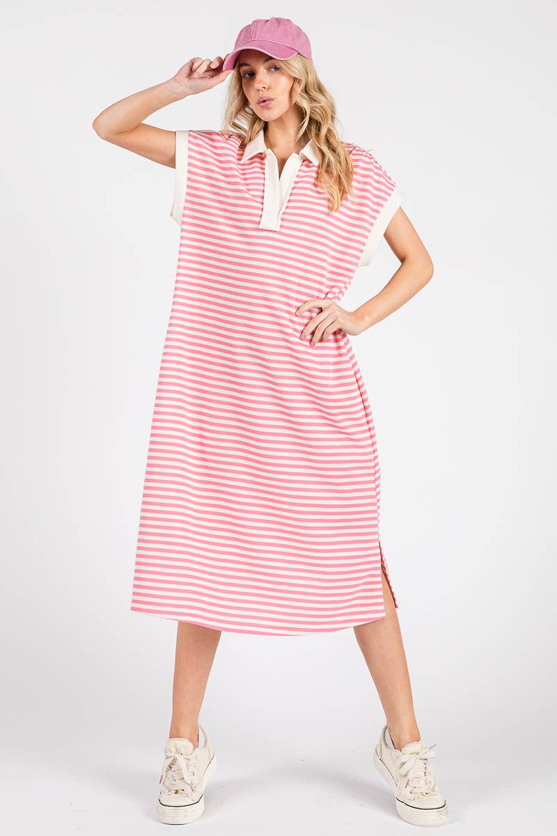 Pink Striped Relaxed Fit Midi Dress