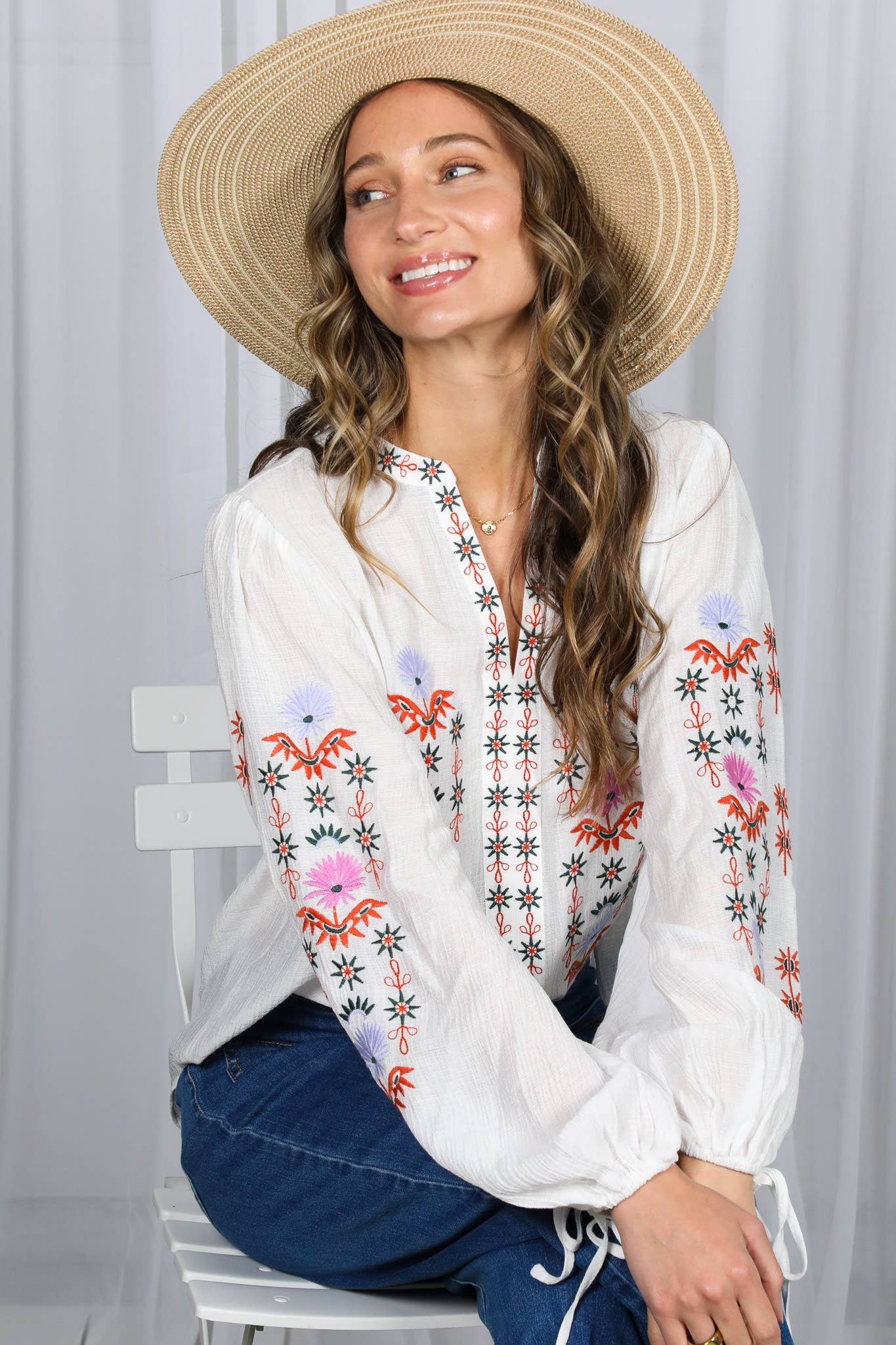 White Embroidered Long Puff Blouse