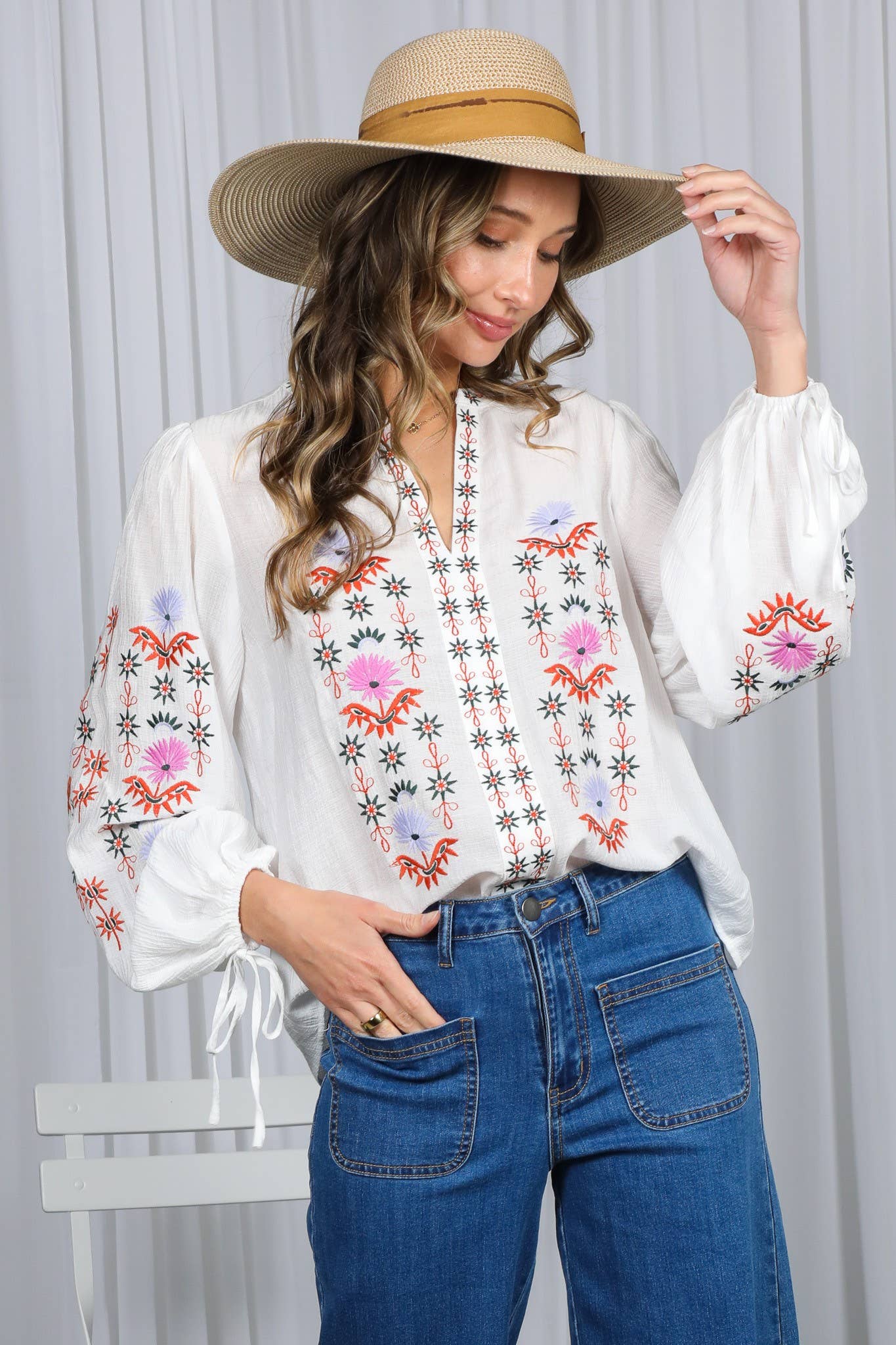 White Embroidered Long Puff Blouse