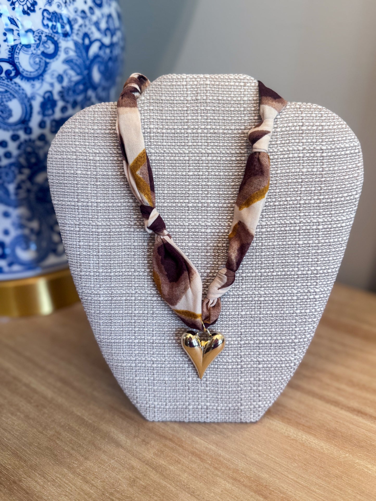 Heart Brown/Cream Scarf Necklace