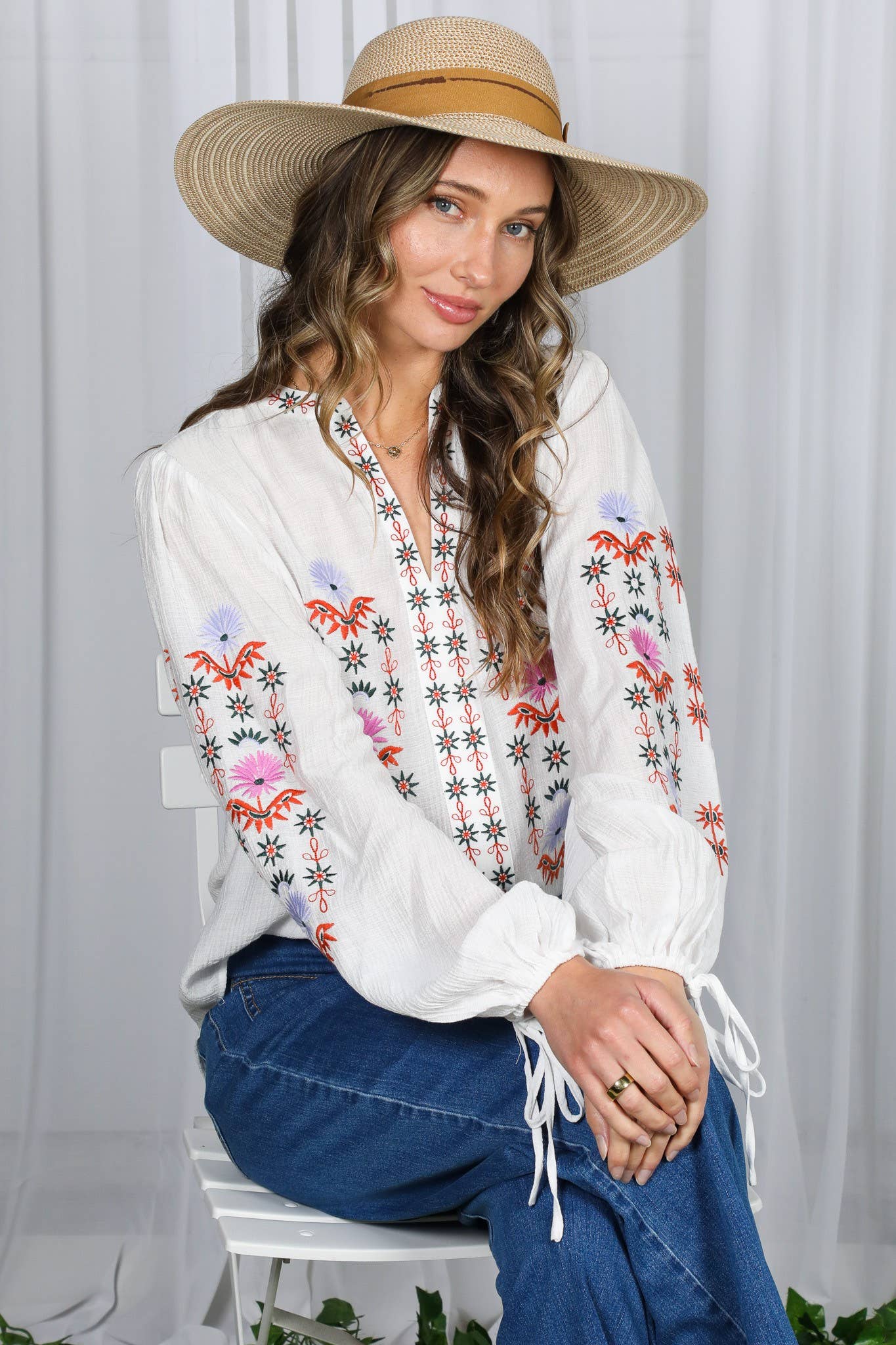 White Embroidered Long Puff Blouse