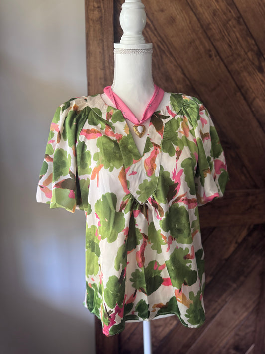 Green Floral Balloon Sleeve Top