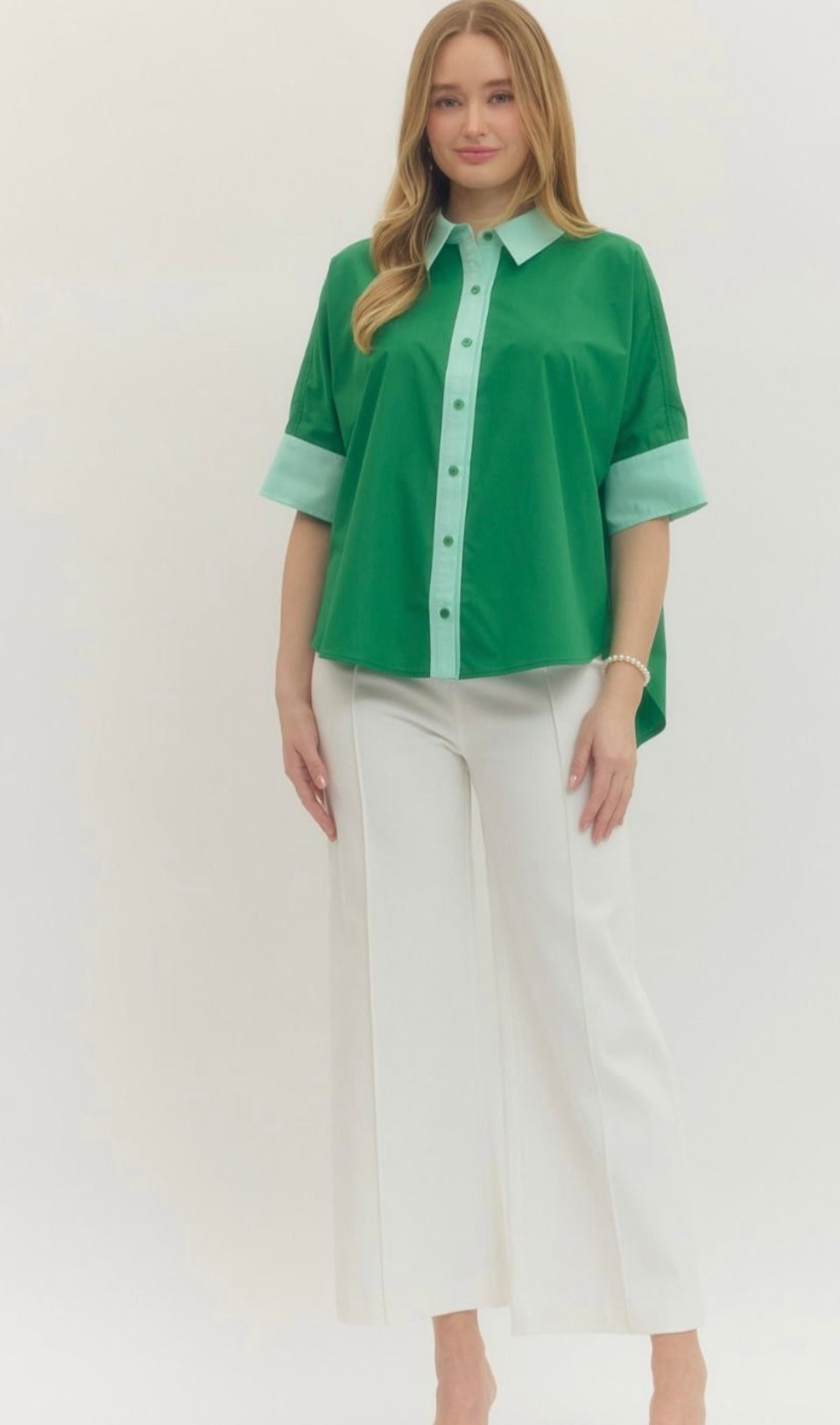 Green Front Button Top