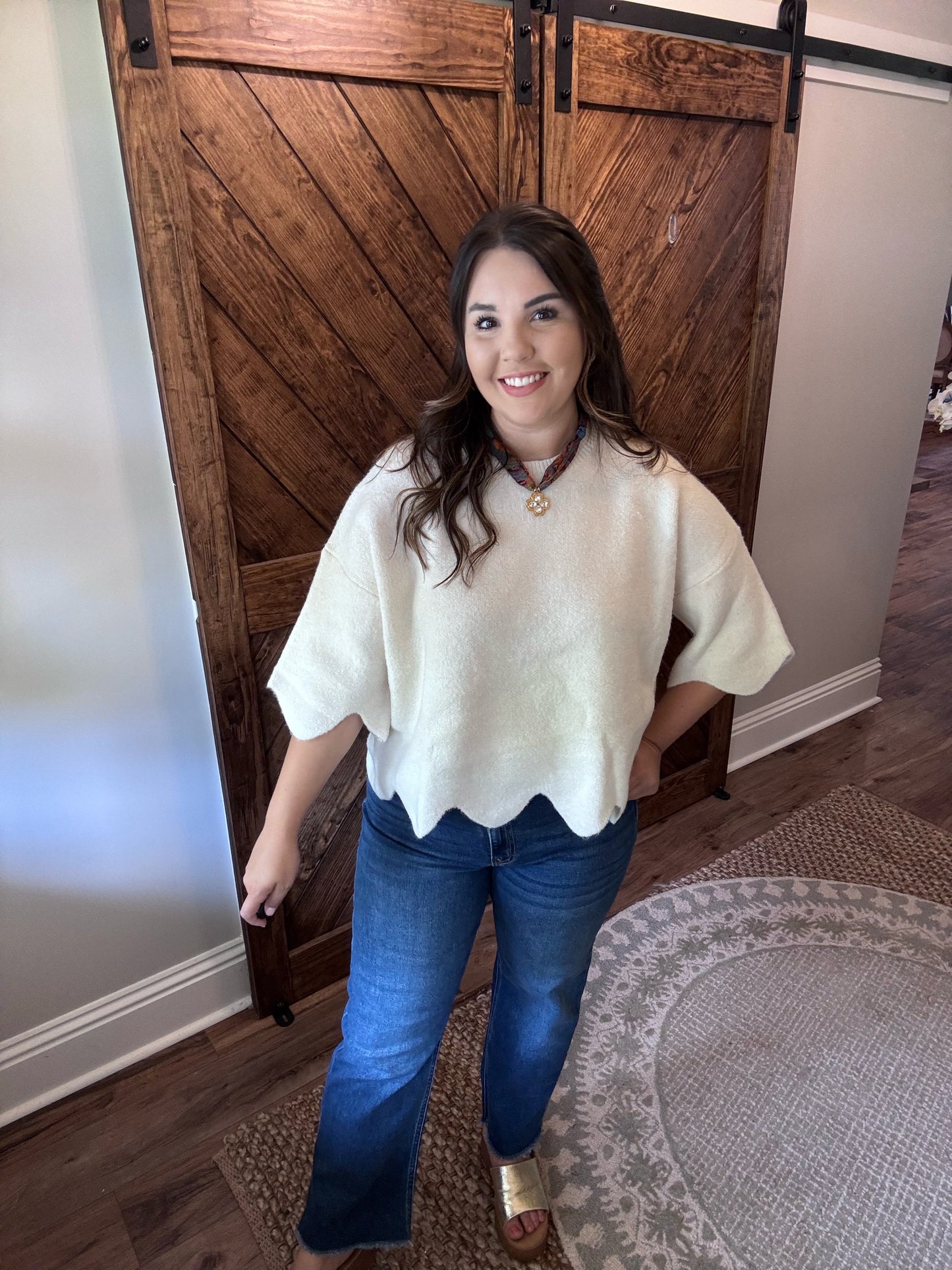 Scalloped Cream Sweater Top