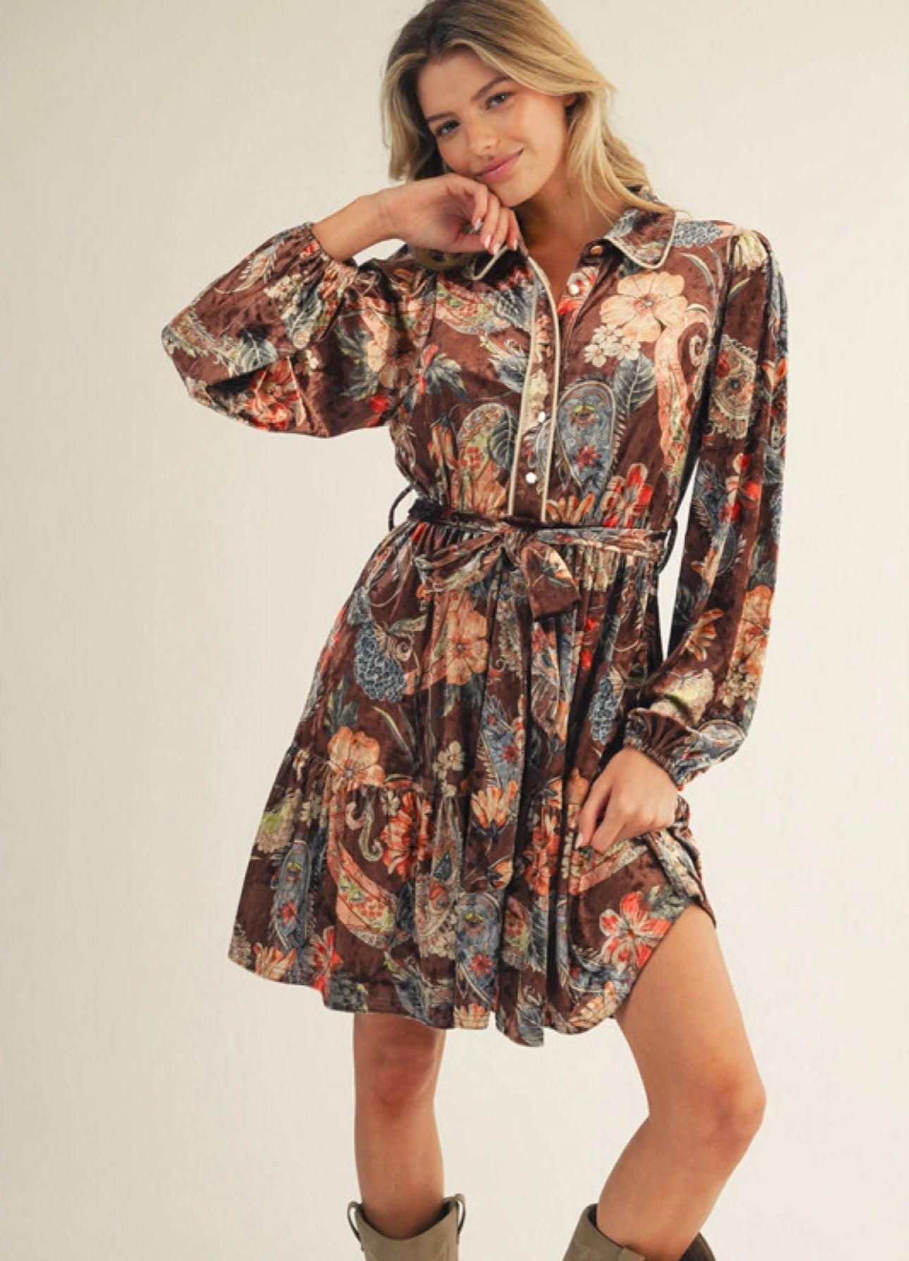 Brown Paisley Velvet Dress