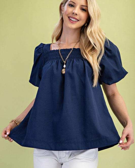 Navy Smocked Short Puff Sleeve Top