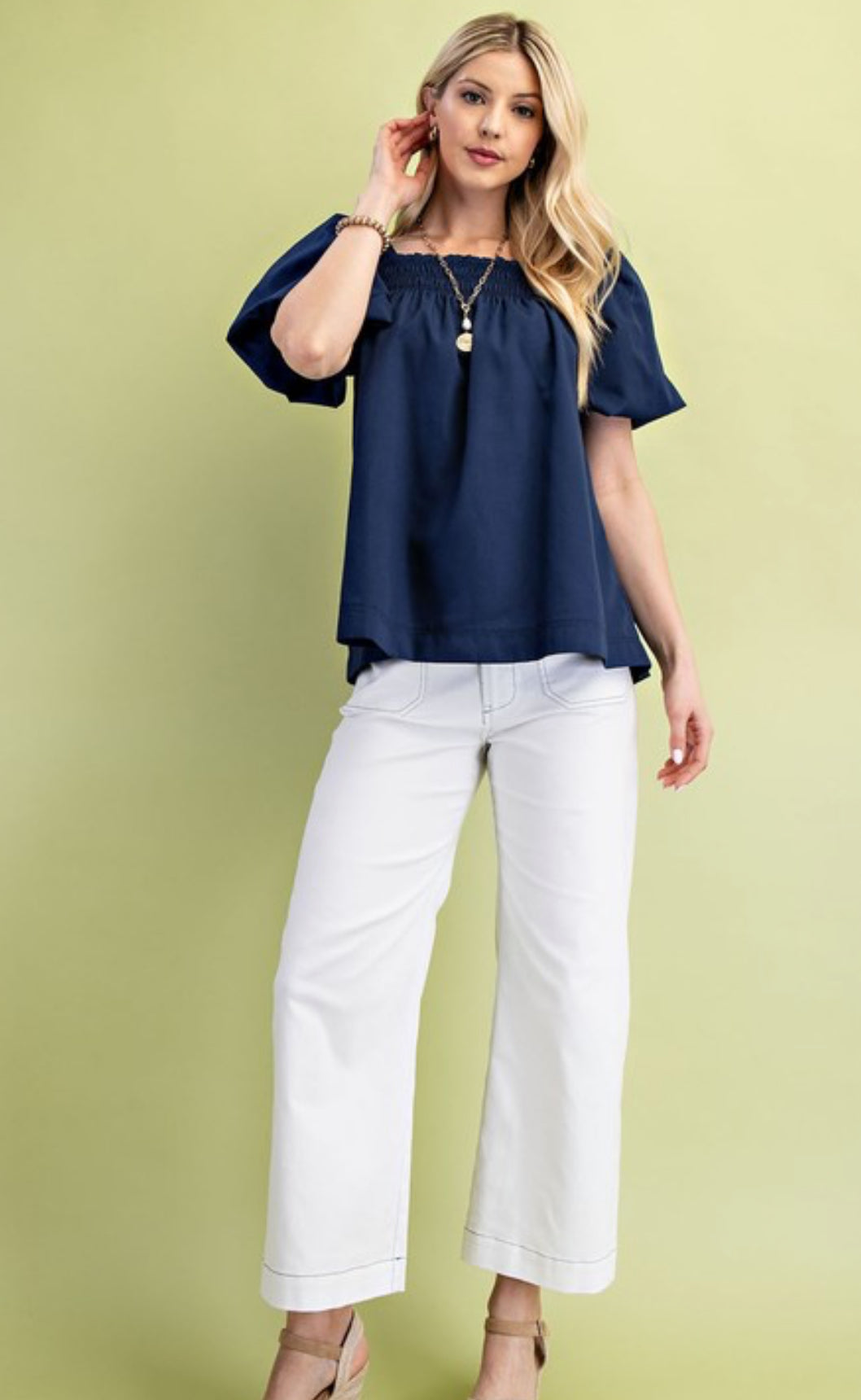 Navy Smocked Short Puff Sleeve Top