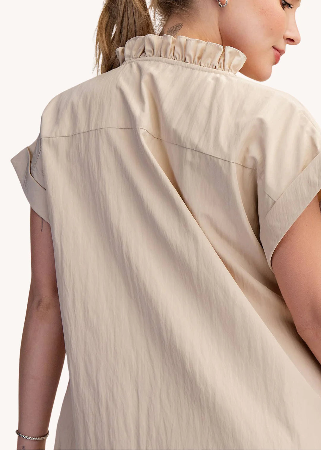 Tan Ruffle Neck Midi Dress