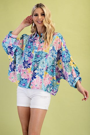 Blue Floral Print Button Down Top