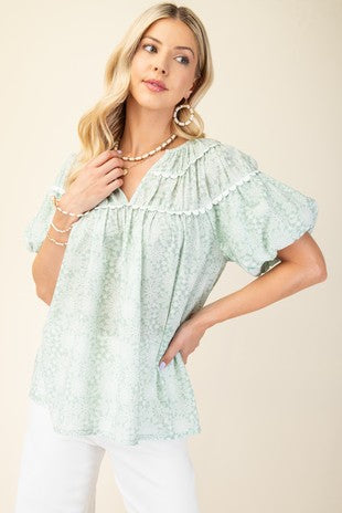 Green Puff Sleeve Blouse