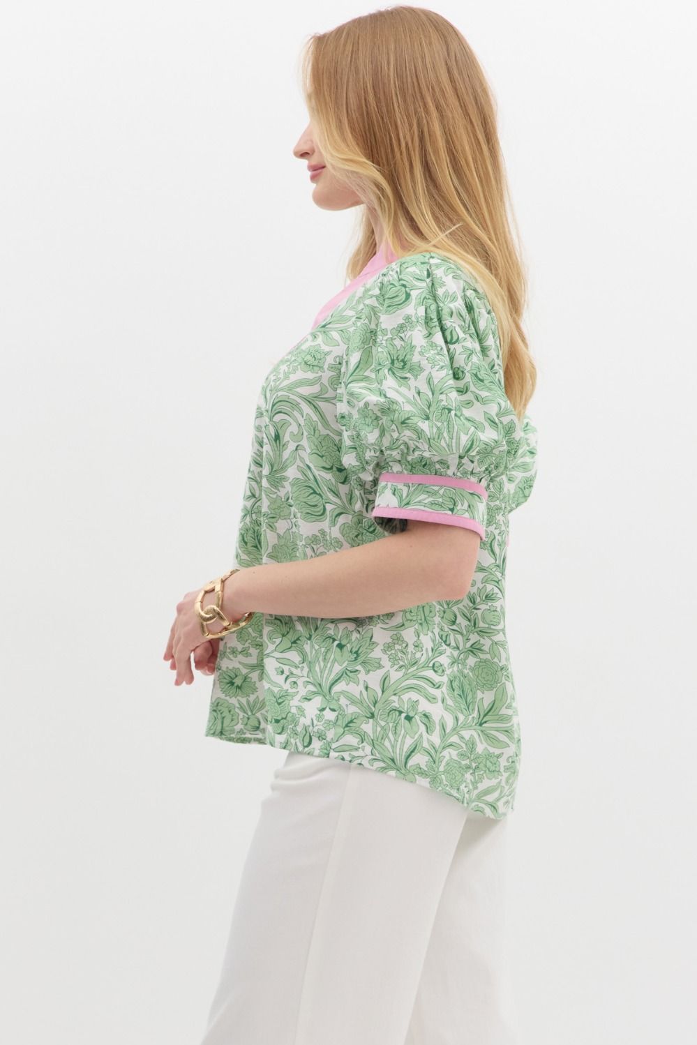 Green and Pink Puff Sleeve Top