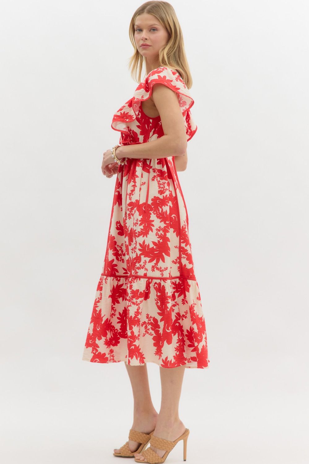 Red Flutter Sleeve Midi Dress