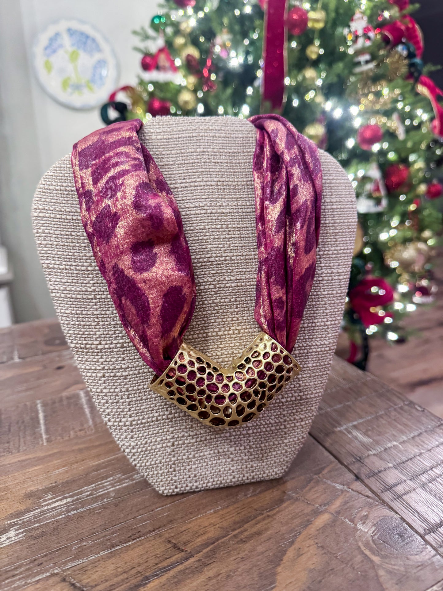 Burgundy Leopard Scarf Necklace