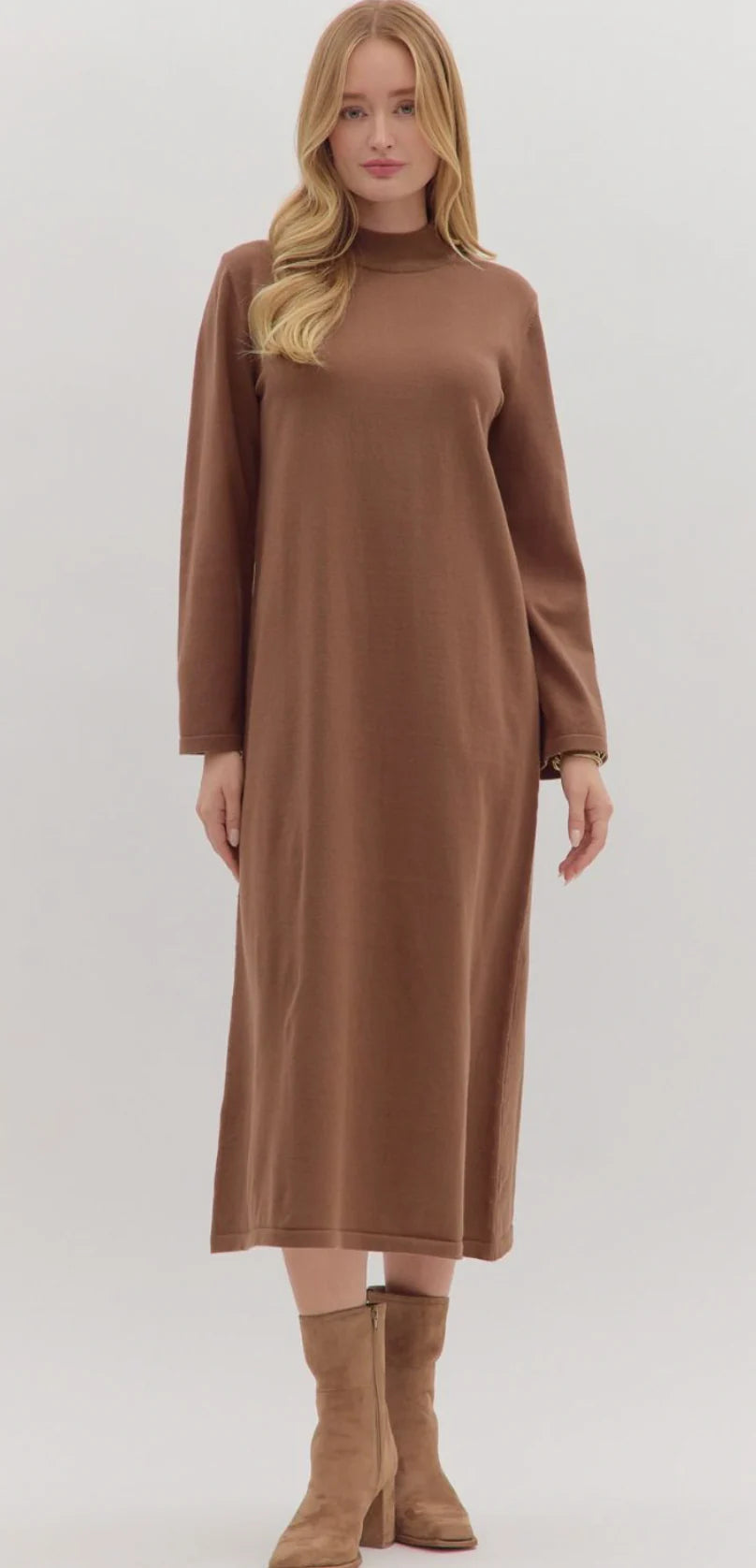Mock Neck Long Sleeve Dress: Coffee