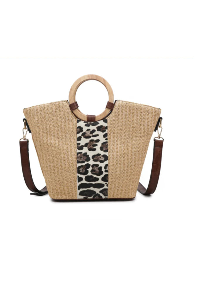 Wooden Handle Leopard Tote