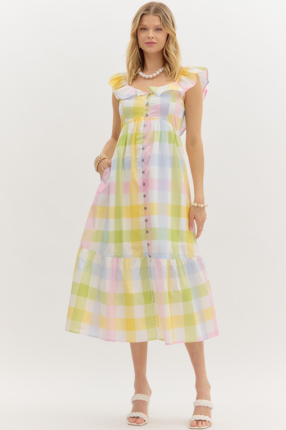 pastel summer dress Gingham Button Front Dress large