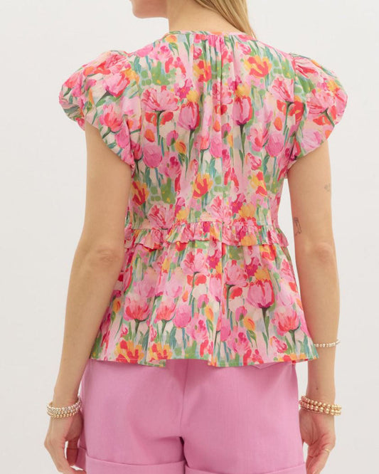 Pink Floral Ruffle Top