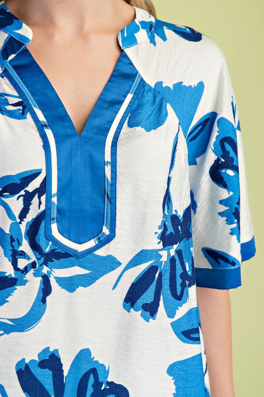 Blue Floral V-Neck Top
