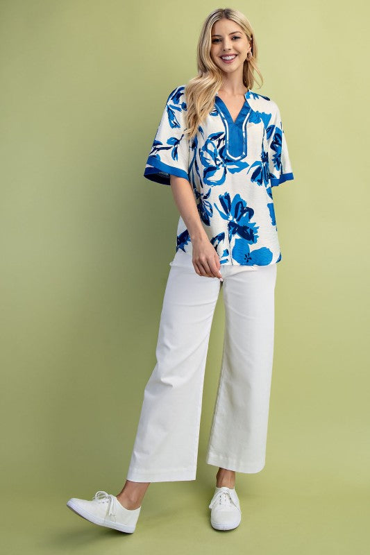 Blue Floral V-Neck Top