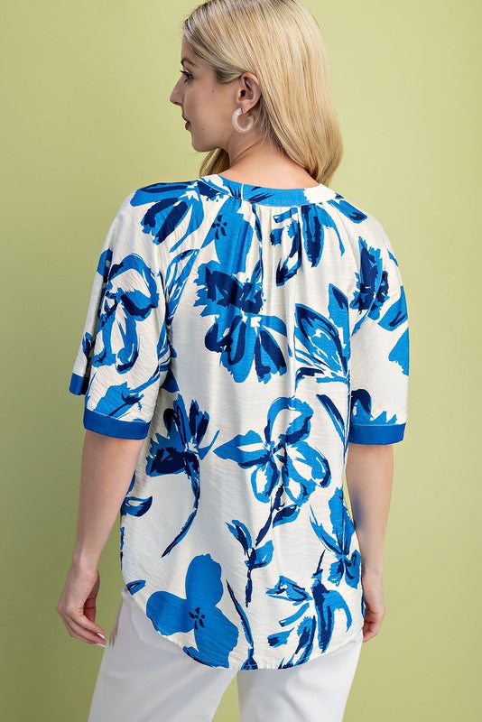 Blue Floral V-Neck Top
