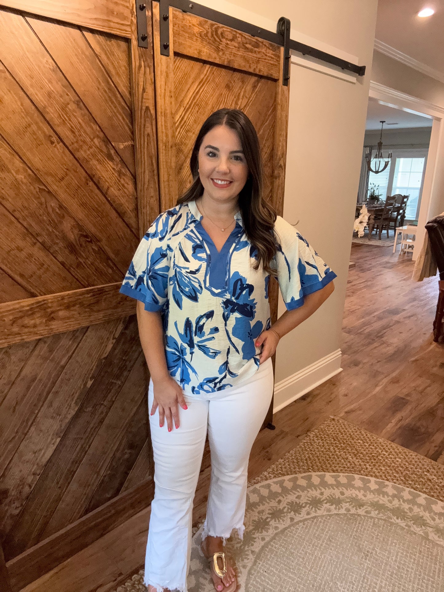 Blue Floral V-Neck Top
