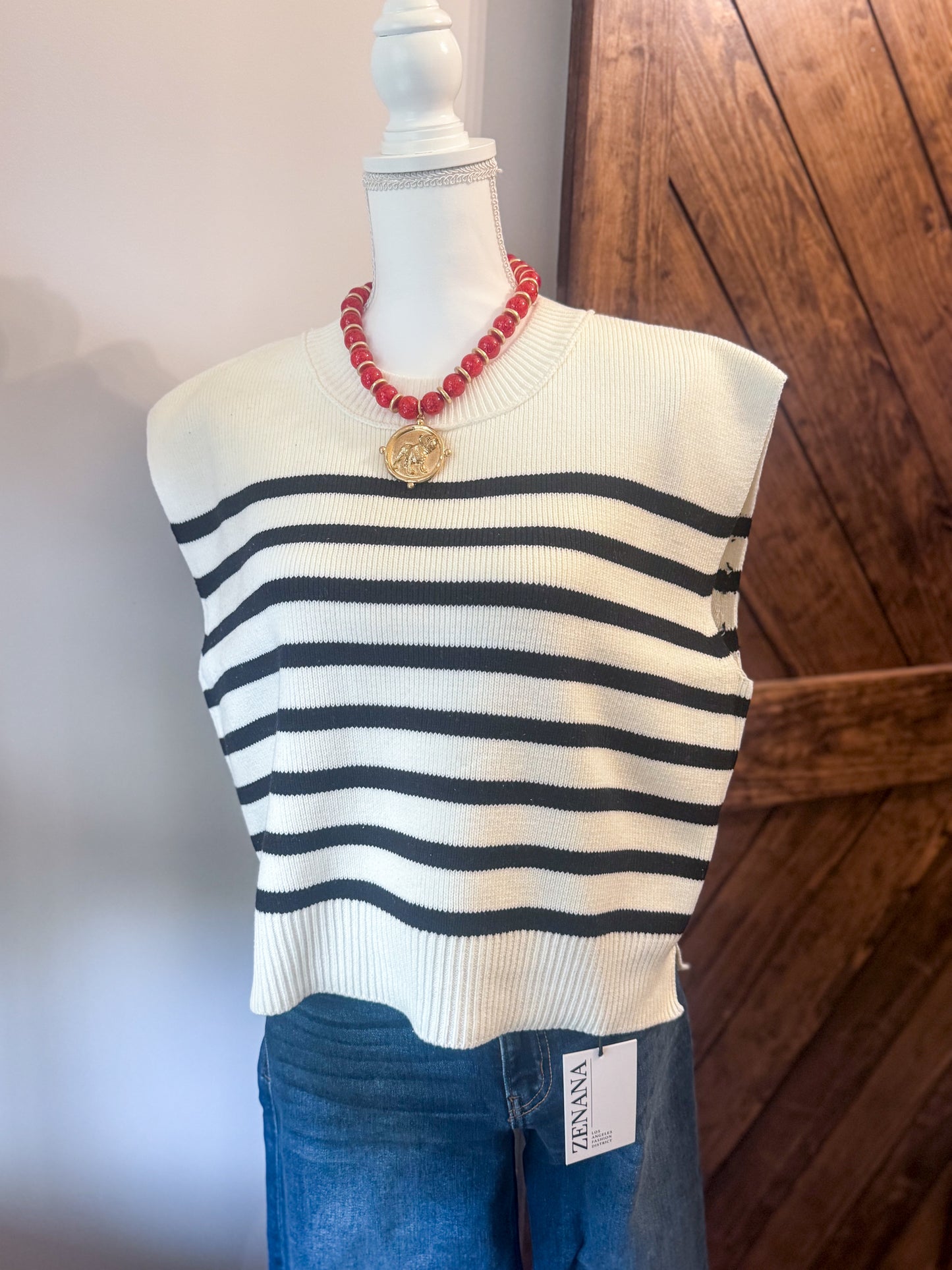 Oversized Crew Neck Stripe Sweater Vest: BLACK
