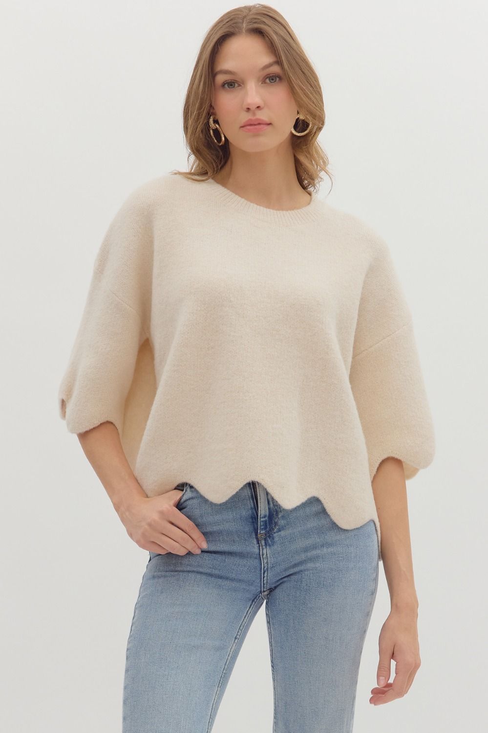 Scalloped Cream Sweater Top