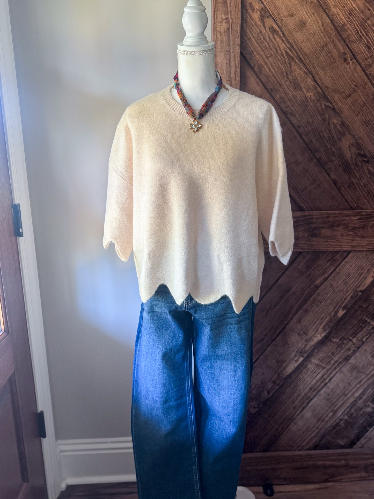 Scalloped Cream Sweater Top