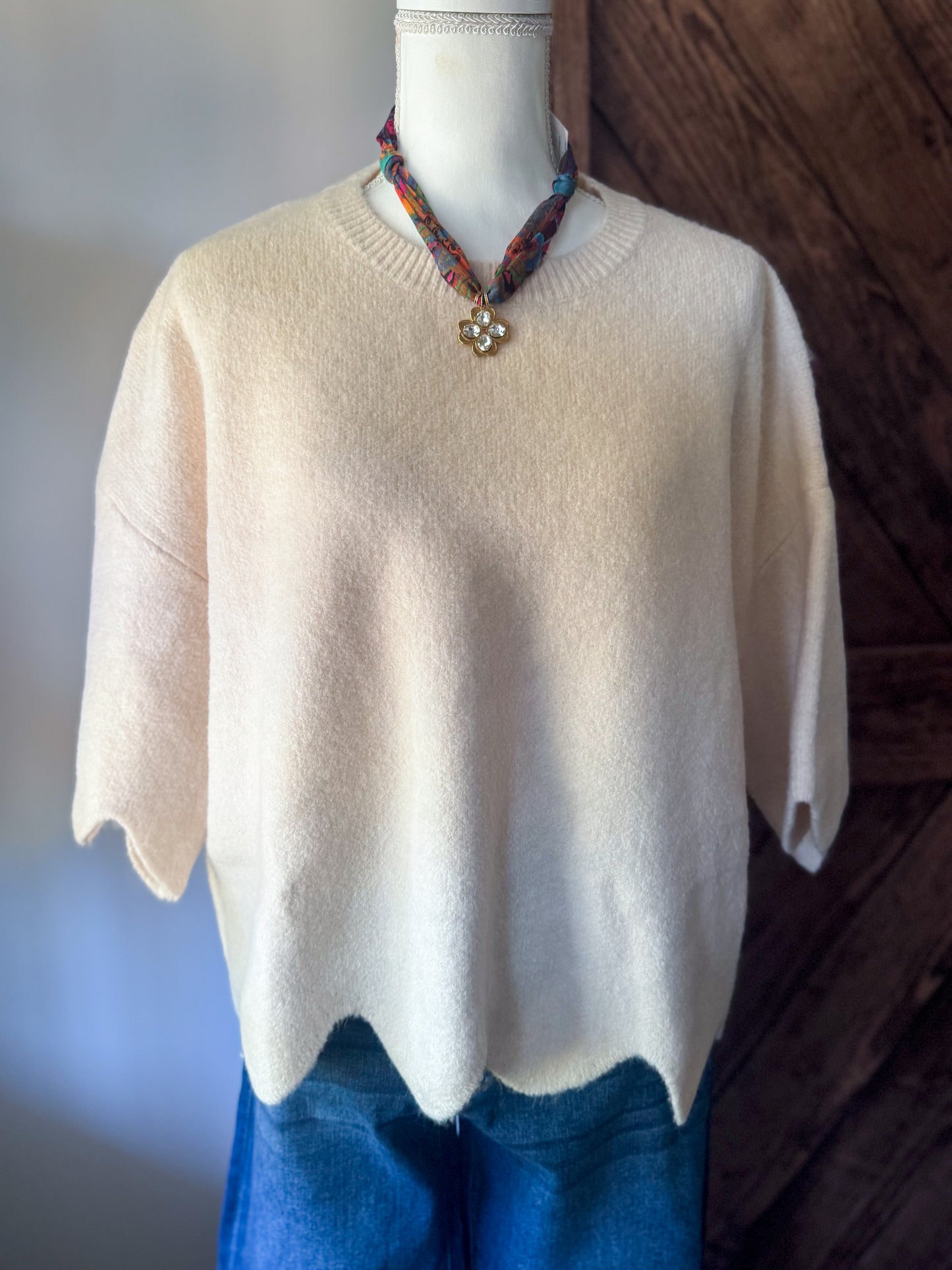 Scalloped Cream Sweater Top