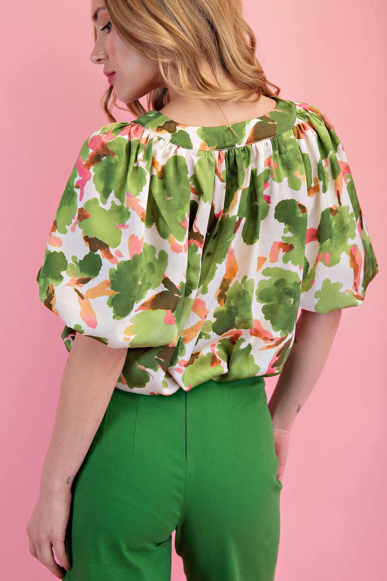 Green Floral Balloon Sleeve Top